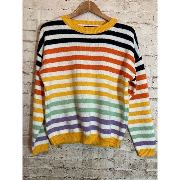 Zesica Sweater Womens Medium Rainbow Striped Pullover Beachy Artsy Crew Neck - Picture 1 of 13